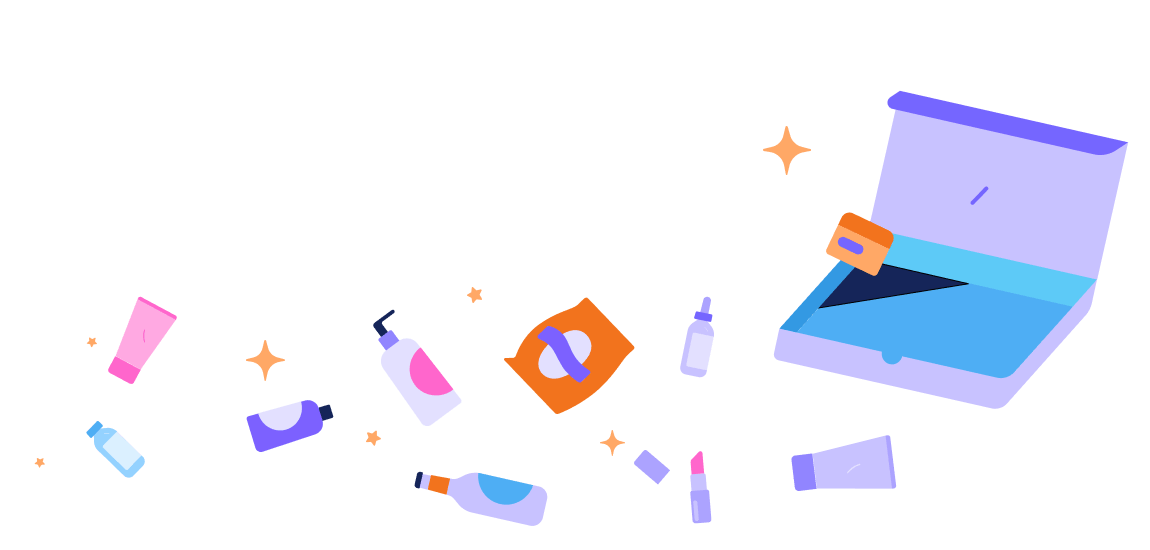 An open sample box with beauty products spilling out